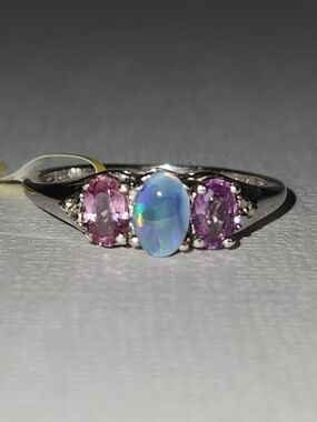 NWT Natural Pink Sapphires & Opal w/ White Topaz Trilogy 925 Ring Sz 7